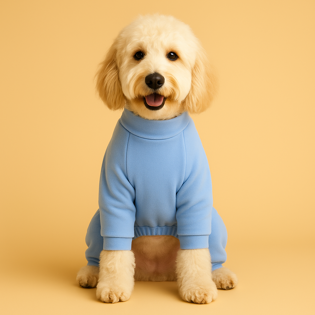 A dog wearing a light blue pijama on a beige background